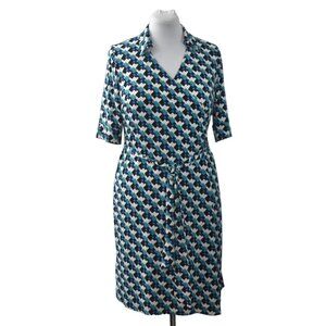 A Pea in the Pod Maternity Faux Wrap Dress Large Blue Tetris Print 3/4 Sleeve